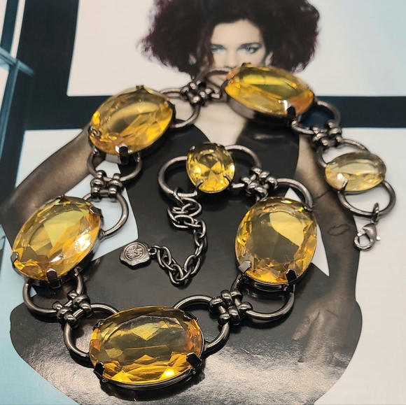 Vintage Signed RJ Graziano Citrine Crystal Gunmetal Couture Choker Necklace - Picture 12 of 16